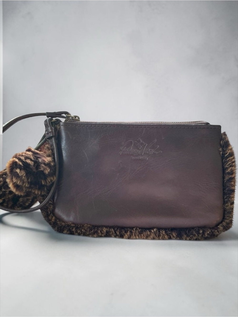 Patricia Nash Brown Leather Faux Fur Trim Wristlet Clutch Zip Pouch